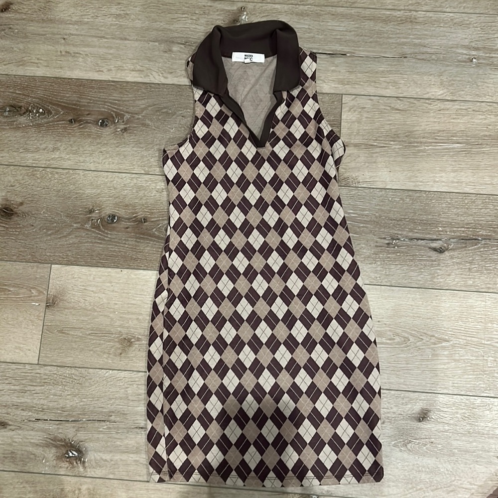 Mini dress, form fitting, brown, pattern, SMALL